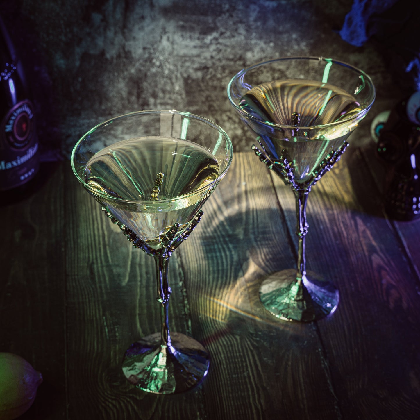 The Wine Savant Stemmed Skeleton Martini Glasses Set of 2 Skeleton Hand Glasses 9" H, Goth Gifts, Skeleton Gifts Decor, Spooky Cocktails, Water or Martini Gift Set, Wine Skeletons Glasses - Loft&Timber