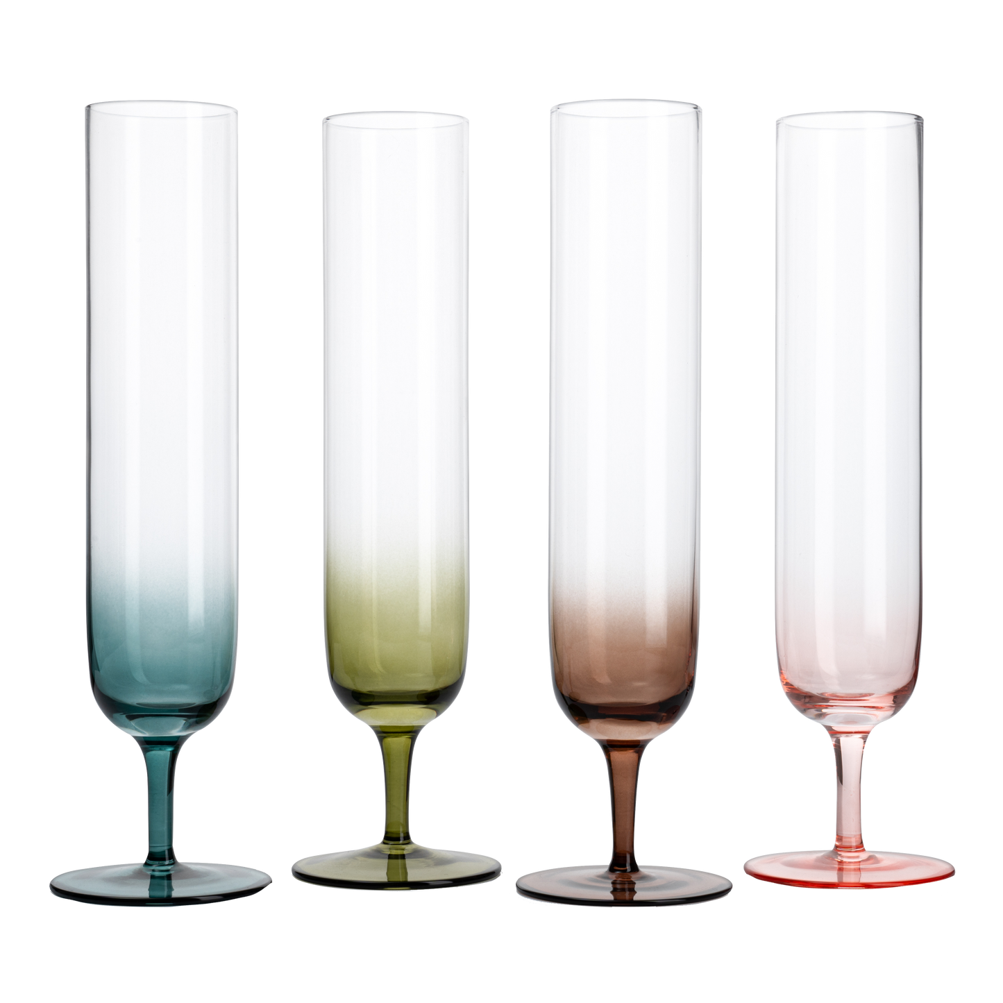 Multicolored Beautiful Champagne Flutes 10" Stemmed - 4 Set- Blue, Green, Brown, Pink - 10.5 OZ Elegant Glass Colored Glasses, Mimosa , Cocktail Bar Glassware Ideal for Home, Weddings - Gift - Loft&Timber