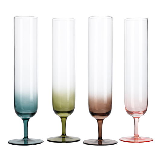 Multicolored Beautiful Champagne Flutes 10" Stemmed - 4 Set- Blue, Green, Brown, Pink - 10.5 OZ Elegant Glass Colored Glasses, Mimosa , Cocktail Bar Glassware Ideal for Home, Weddings - Gift - Loft&Timber