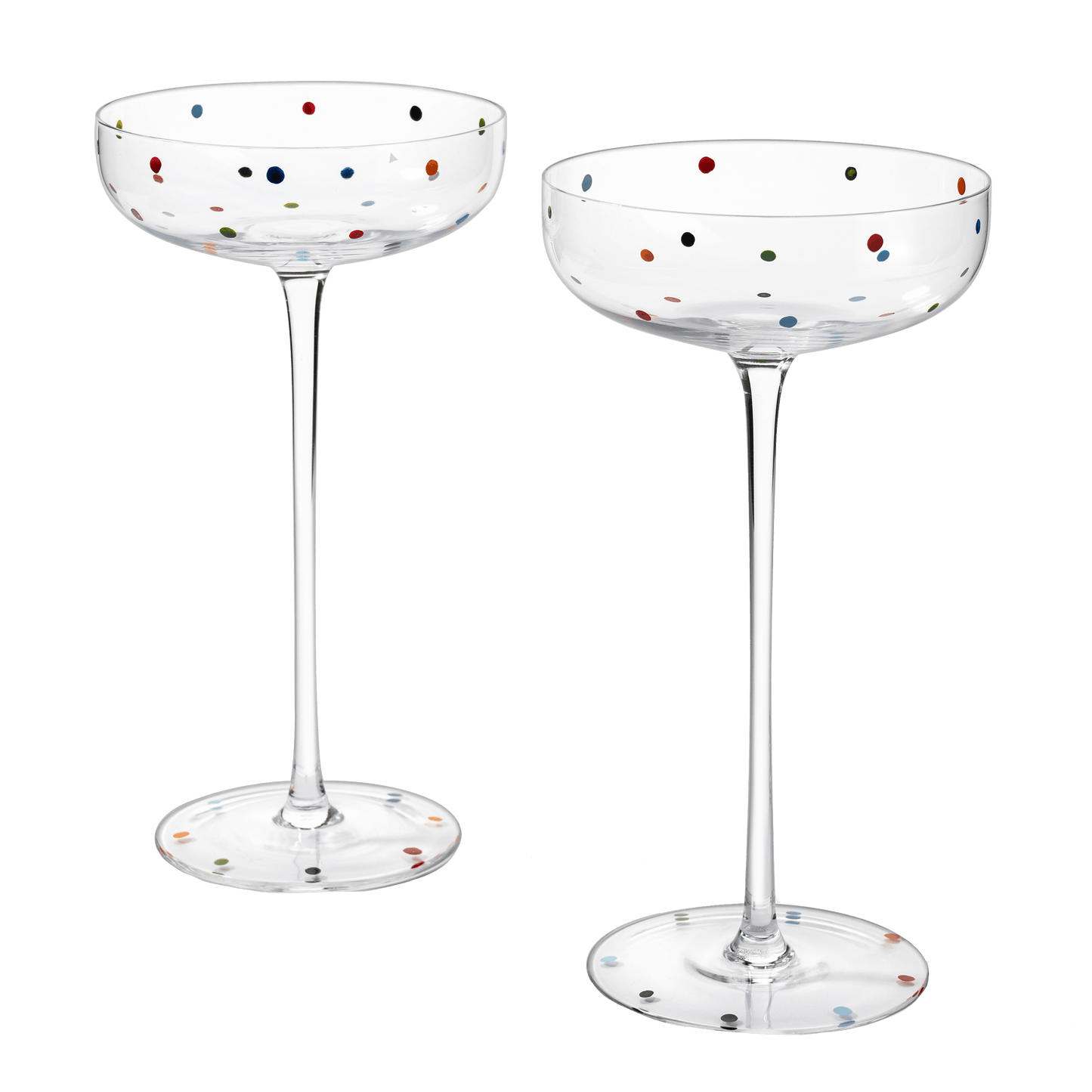 Polka Dot Champagne Coupe Glasses Set of 2 8.8 oz by The Wine Savant - Polka Dot Rainbow Colored Glasses, Cocktail Glassware, Polka Dot Gifts Damien Hirst, Gift Idea For Everyday, Weddings, Parties - Loft&Timber