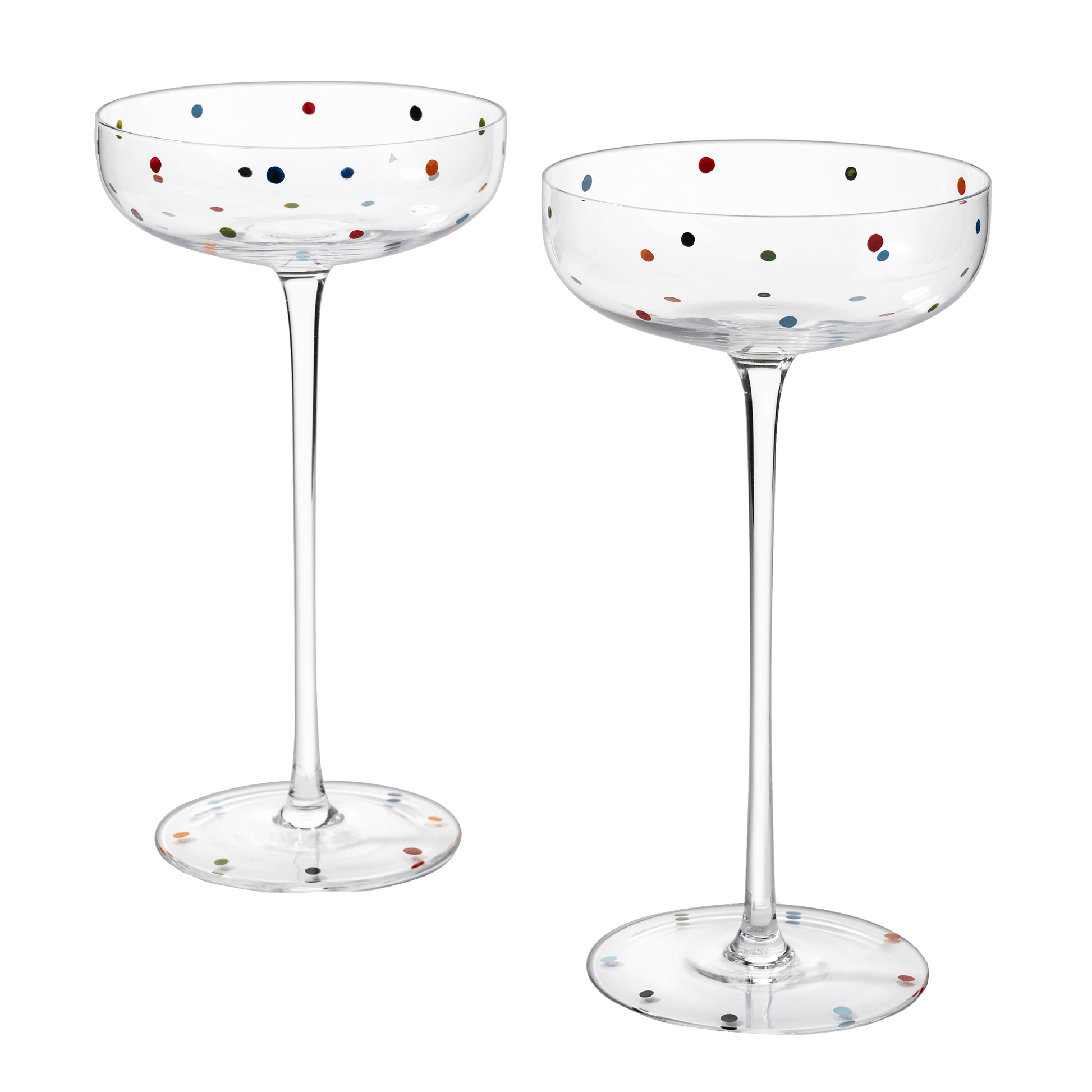 Polka Dot Champagne Coupe Glasses Set of 2 8.8 oz by The Wine Savant - Polka Dot Rainbow Colored Glasses, Cocktail Glassware, Polka Dot Gifts Damien Hirst, Gift Idea For Everyday, Weddings, Parties - Loft&Timber