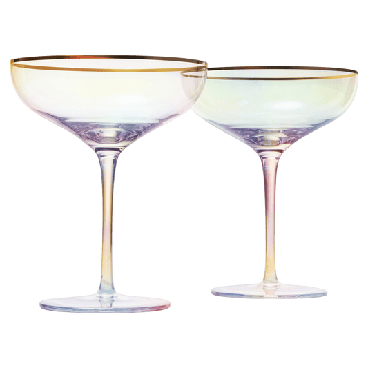 Iridescent Colored Gilded Rim Coupe Glass, 2-Set Large 9oz Rainbow Cocktail & Champagne, Luster Pearl Glasses Vibrant Color Gold Vintage Tumblers, No Stem Margarita, Glassware Gift - The Wine Savant - Loft&Timber