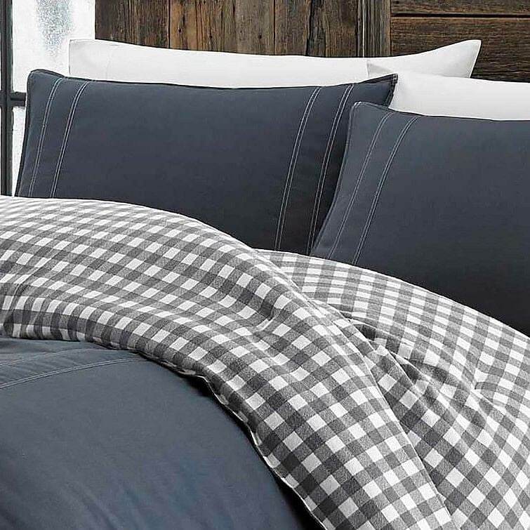 Full/Queen size 100% Cotton Reverse Plaid Gray/White Comforter Set - Loft&Timber