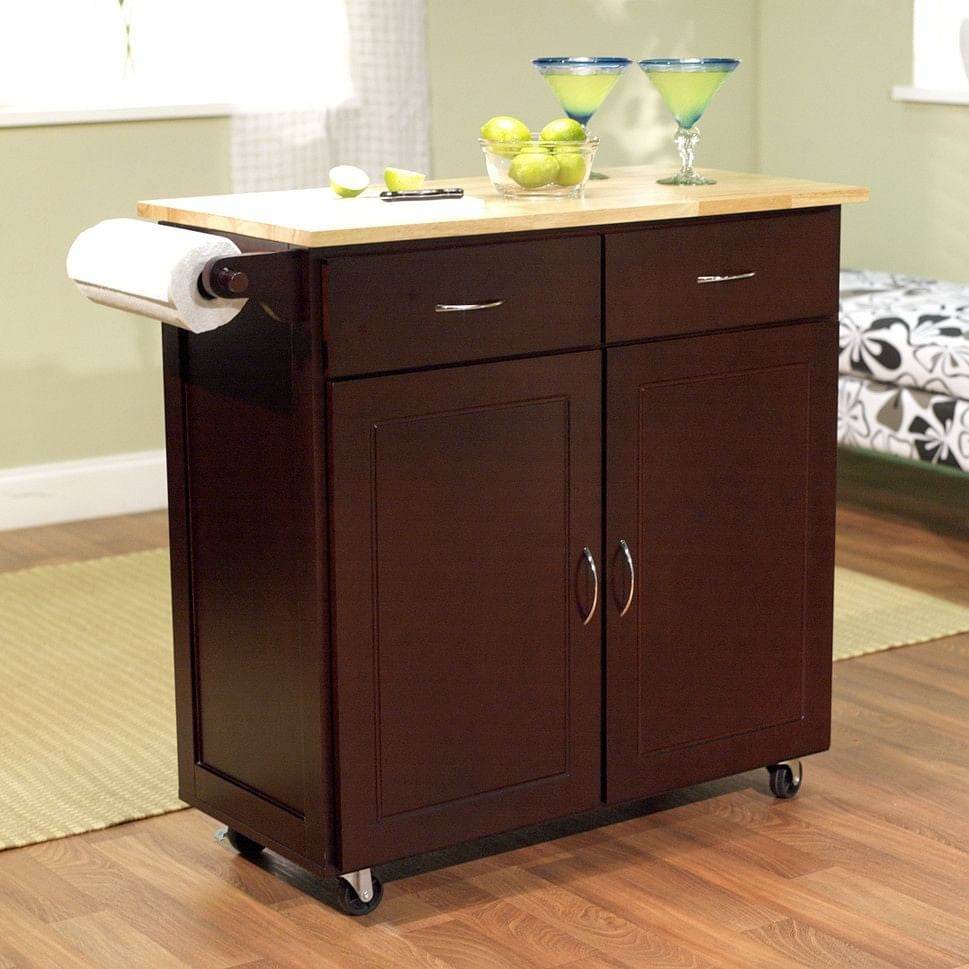 43-inch W Portable Kitchen Island Cart with Natural Wood Top in Espresso - Loft&Timber