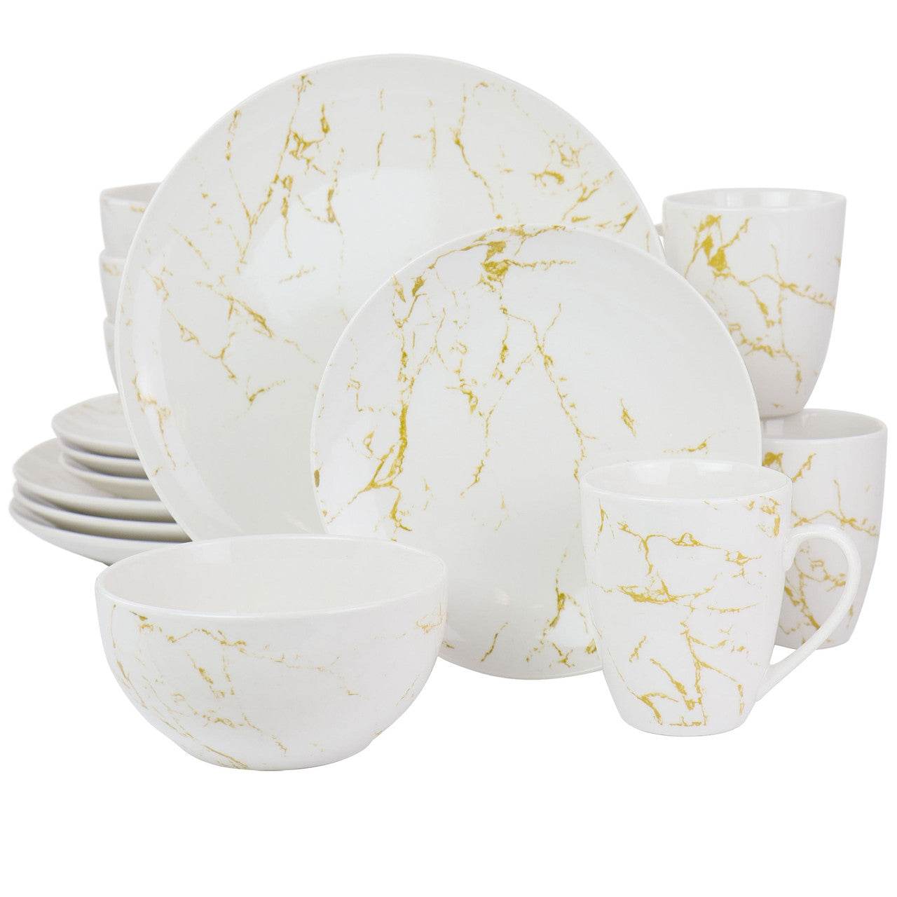 Elama Fine Marble 16 Piece Stoneware Dinnerware Set in Gold and White - Loft&Timber