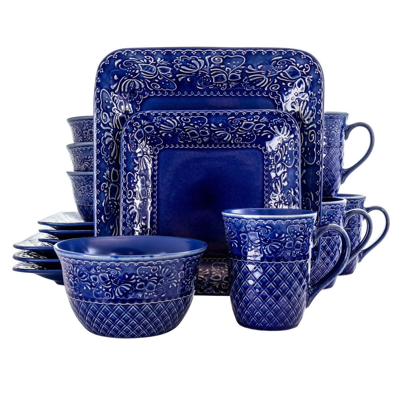 Elama Indigo Lotus 16 Piece Square Dinnerware Set - Loft&Timber