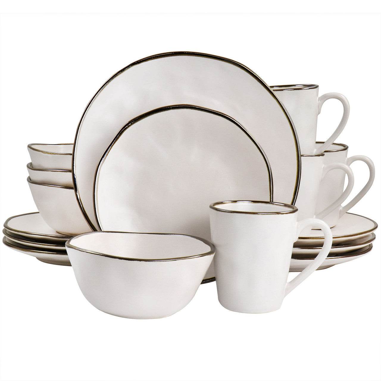 Elama Modern 16 Piece Stoneware Dinnerware Set in Matte White with Gold Rim - Loft&Timber