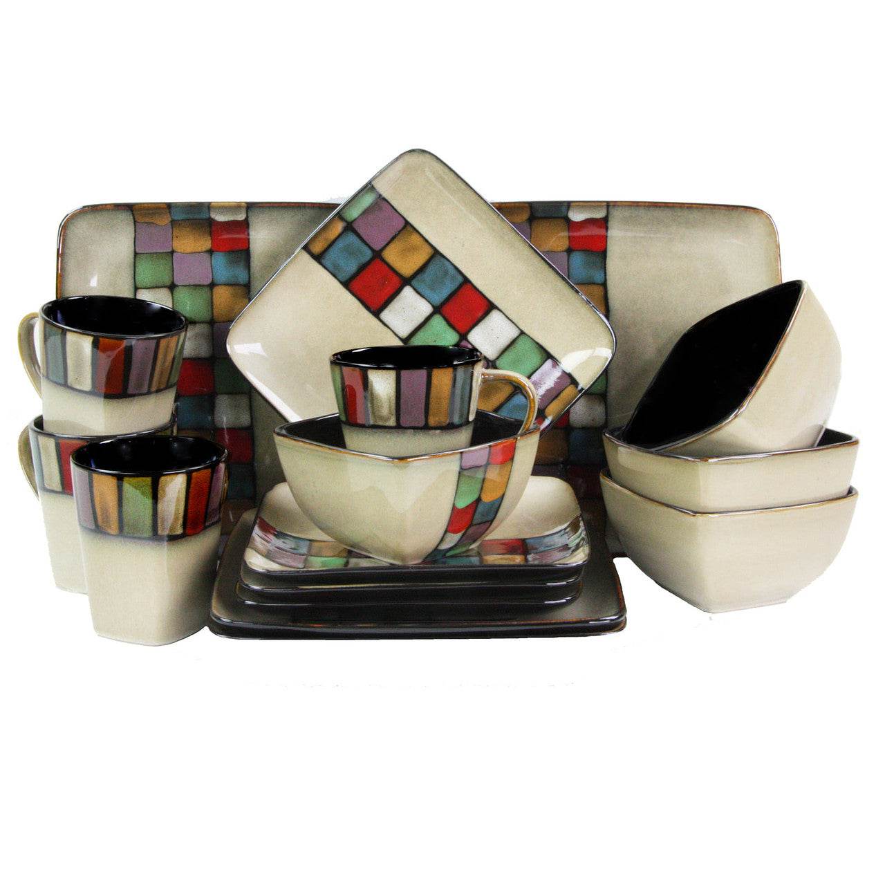 Elama Color Melange 16 Piece Multicolored Square Stoneware Dinnerware Set - Loft&Timber