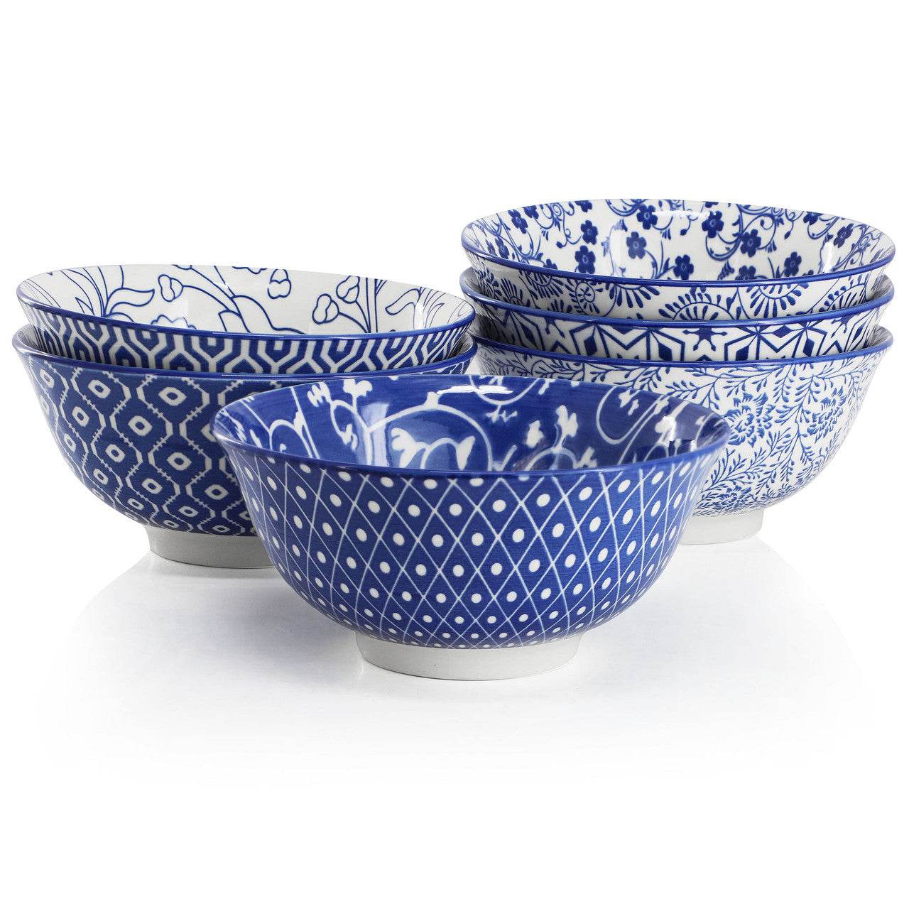Elama Moxy 6 Piece Assorted Design 20oz Porcelain Footed Bowl Set in Blue - Loft&Timber
