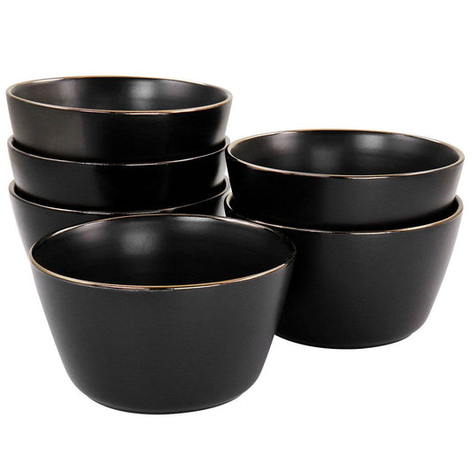 Elama Paul 6 Piece Stoneware Bowl Set in Matte Black with Gold Rim - Loft&Timber