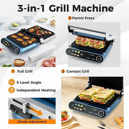 1200W Panini Press Grill with LED Display and 7 Grilling Modes-Blue - Loft&Timber