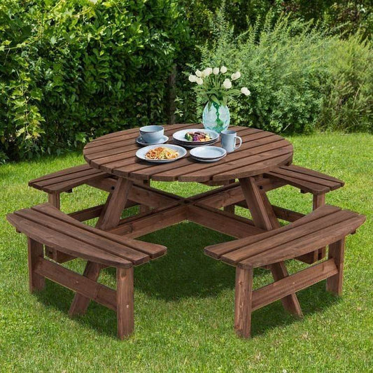 8-Set Outdoor Solid Wood Round Picnic Table with 4 Benches Patio Garden Dining Set - Loft&Timber