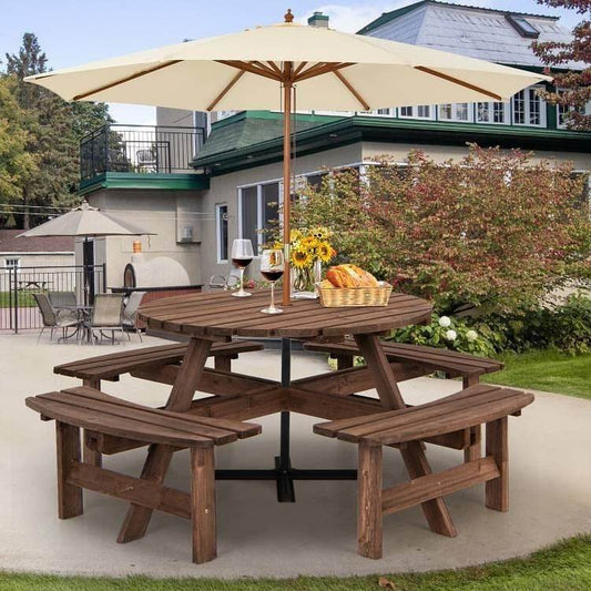 8-Set Outdoor Solid Wood Round Picnic Table with 4 Benches Patio Garden Dining Set - Loft&Timber