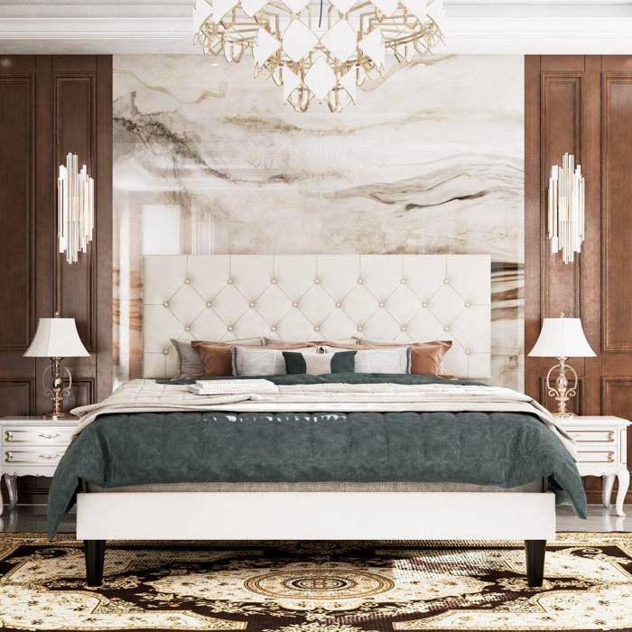 Full White Faux Leather Upholstered Platform Bed with Button-Tufted Headboard - Loft&Timber