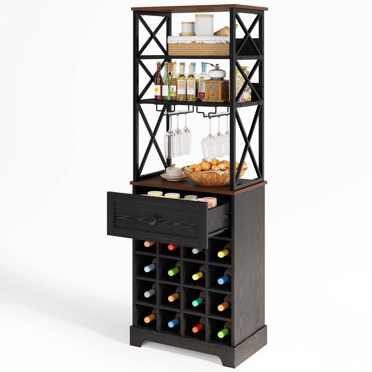 Black/Brown Wine Rack Kitchen Bar Storage Cabinet Shelf with Glass Holders - Loft&Timber