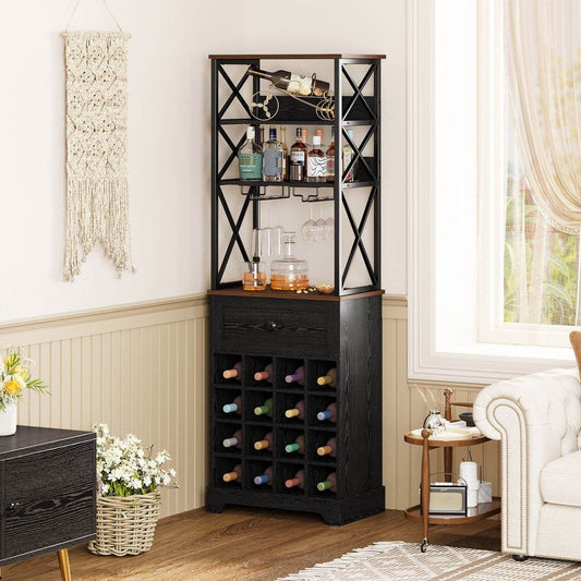 Black/Brown Wine Rack Kitchen Bar Storage Cabinet Shelf with Glass Holders - Loft&Timber