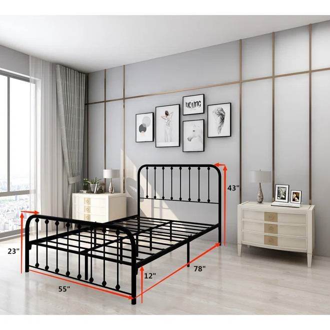 Full size Classic Black Metal Bed Frame with Slatted Headboard and Footboard - Loft&Timber
