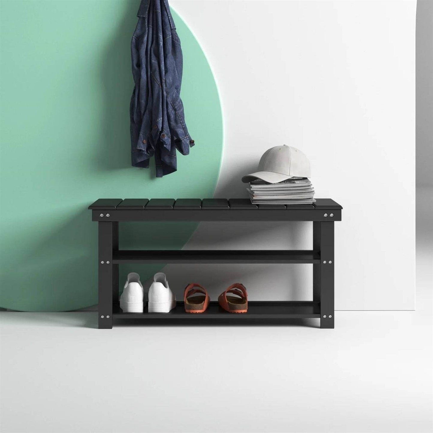 Black Wooden 2-Shelf Shoe Rack Storage Bench for Entryway or Closet - Loft&Timber