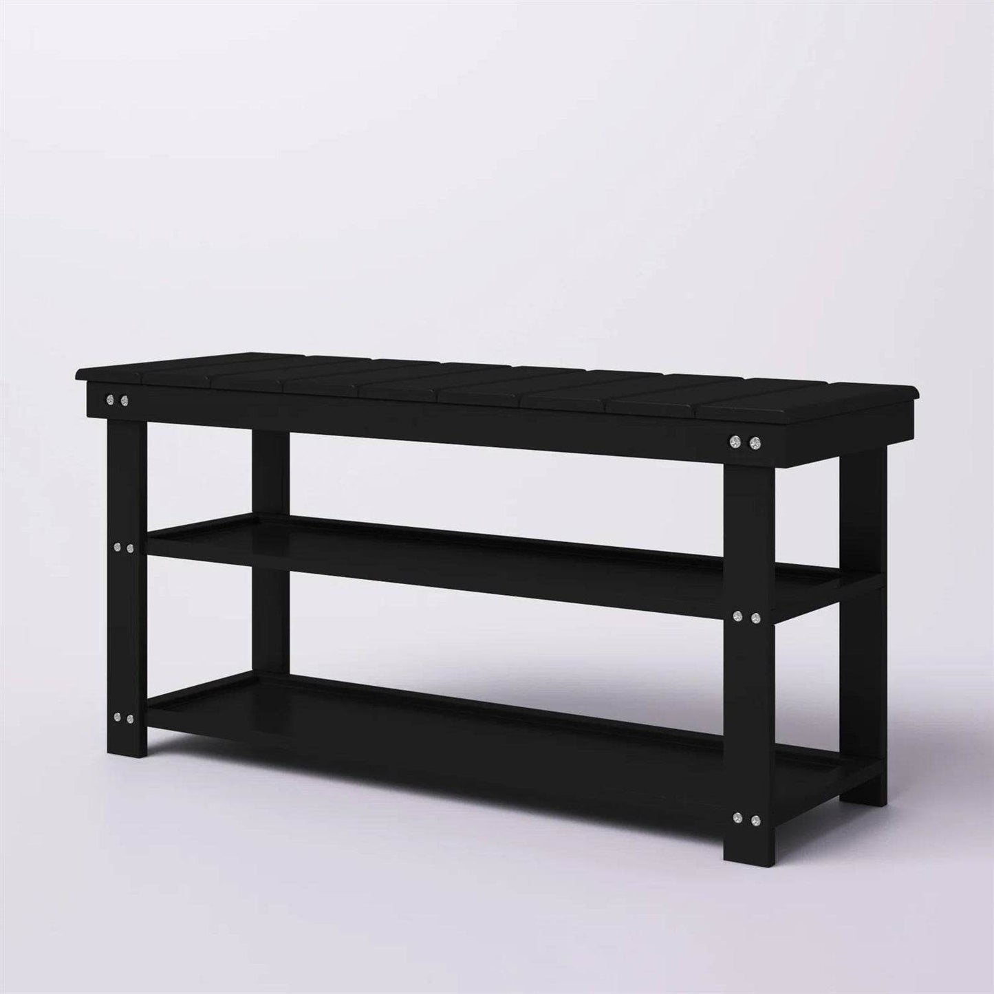 Black Wooden 2-Shelf Shoe Rack Storage Bench for Entryway or Closet - Loft&Timber