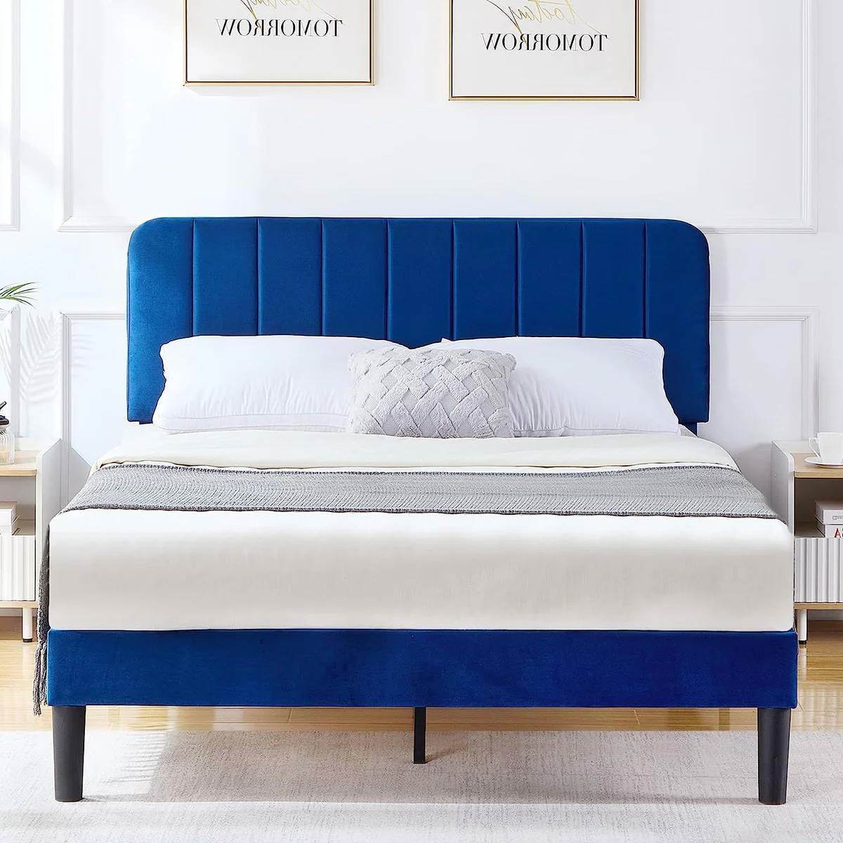 Full size Blue Upholstered Platform Bed Frame with Headboard - Loft&Timber