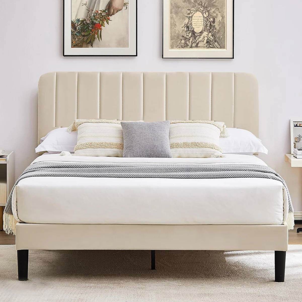 Full size Beige Upholstered Platform Bed Frame with Headboard - Loft&Timber