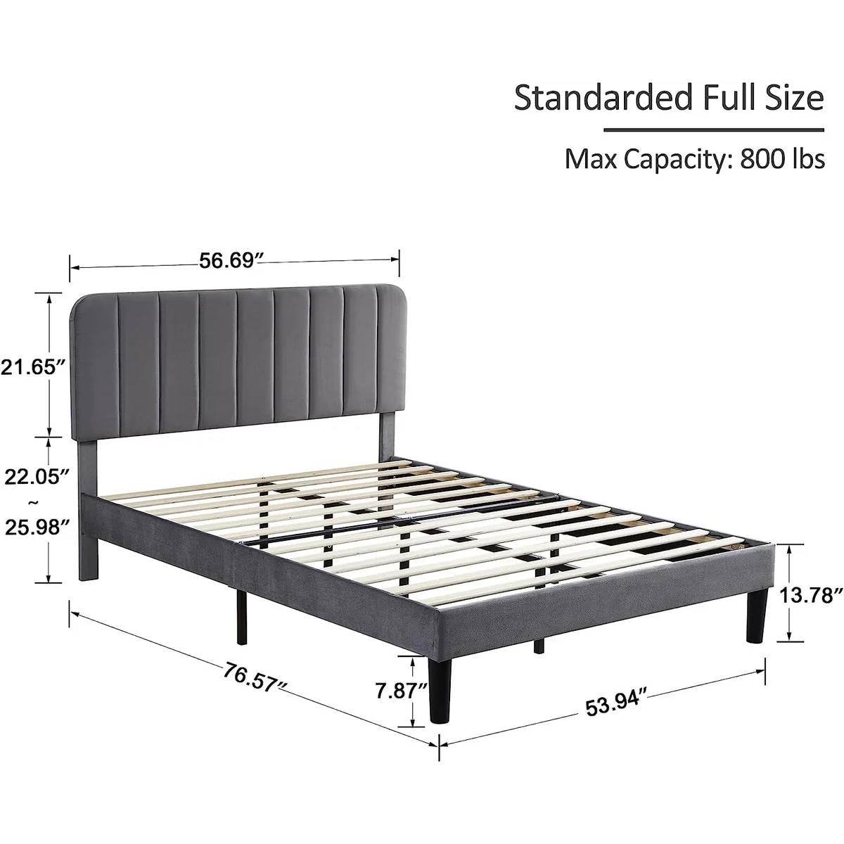 Full size Dark Grey Upholstered Platform Bed Frame with Headboard - Loft&Timber