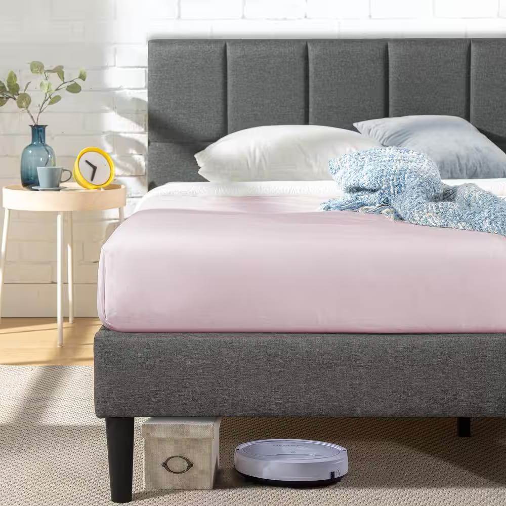 Full size Grey Upholstered Platform Bed Frame with Padded Headboard - Loft&Timber