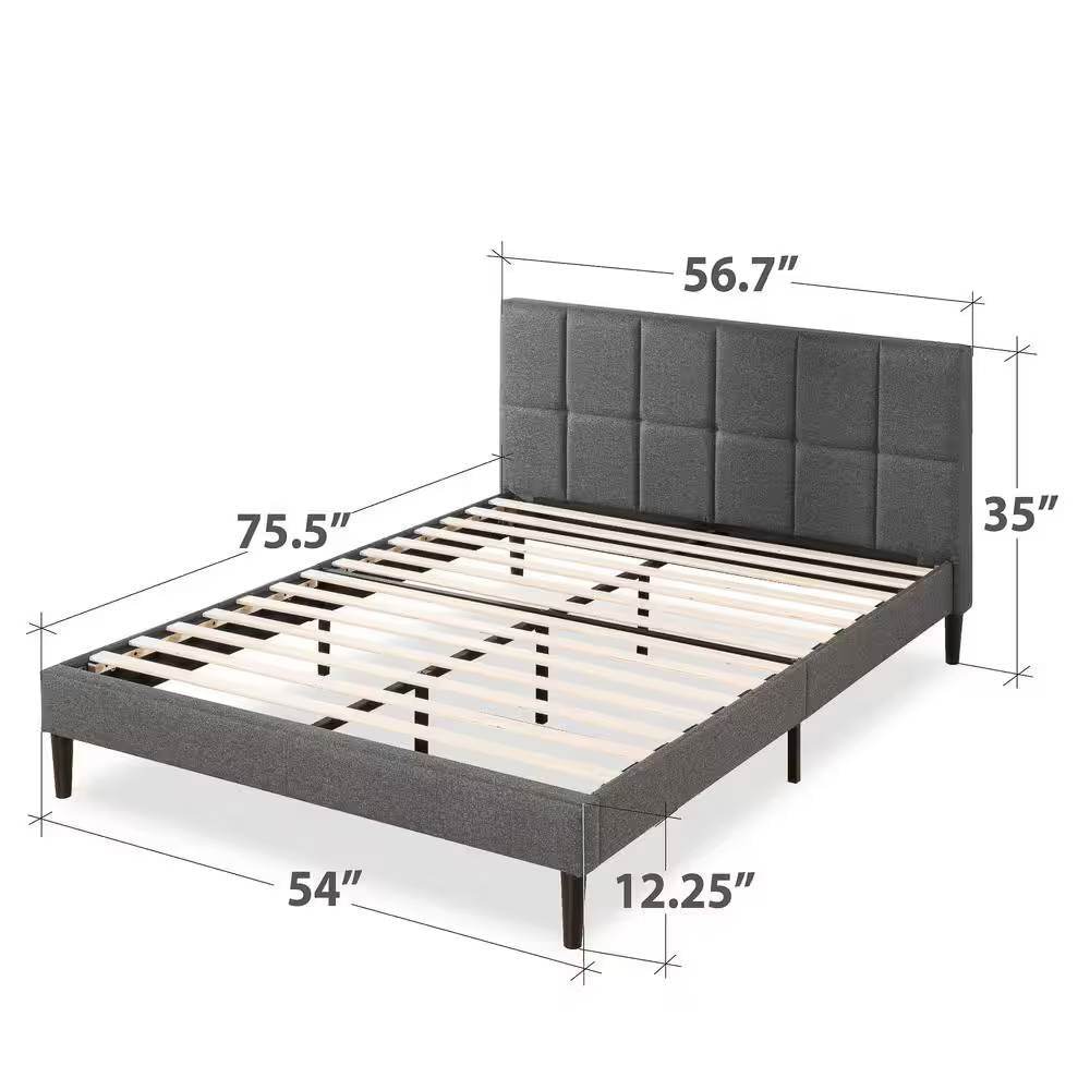 Full size Grey Upholstered Platform Bed Frame with Padded Headboard - Loft&Timber
