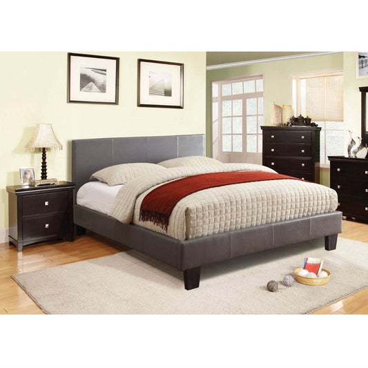 Queen size Platform Bed with Headboard Upholstered in Gray Faux Leather - Loft&Timber