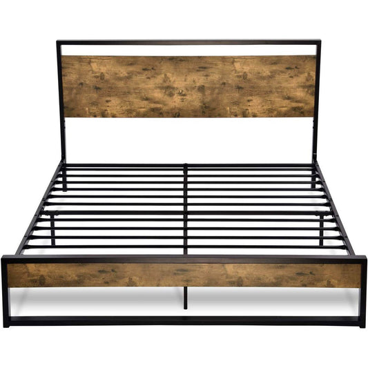 Full size Metal Wood Platform Bed Frame with Industrial Headboard - Loft&Timber