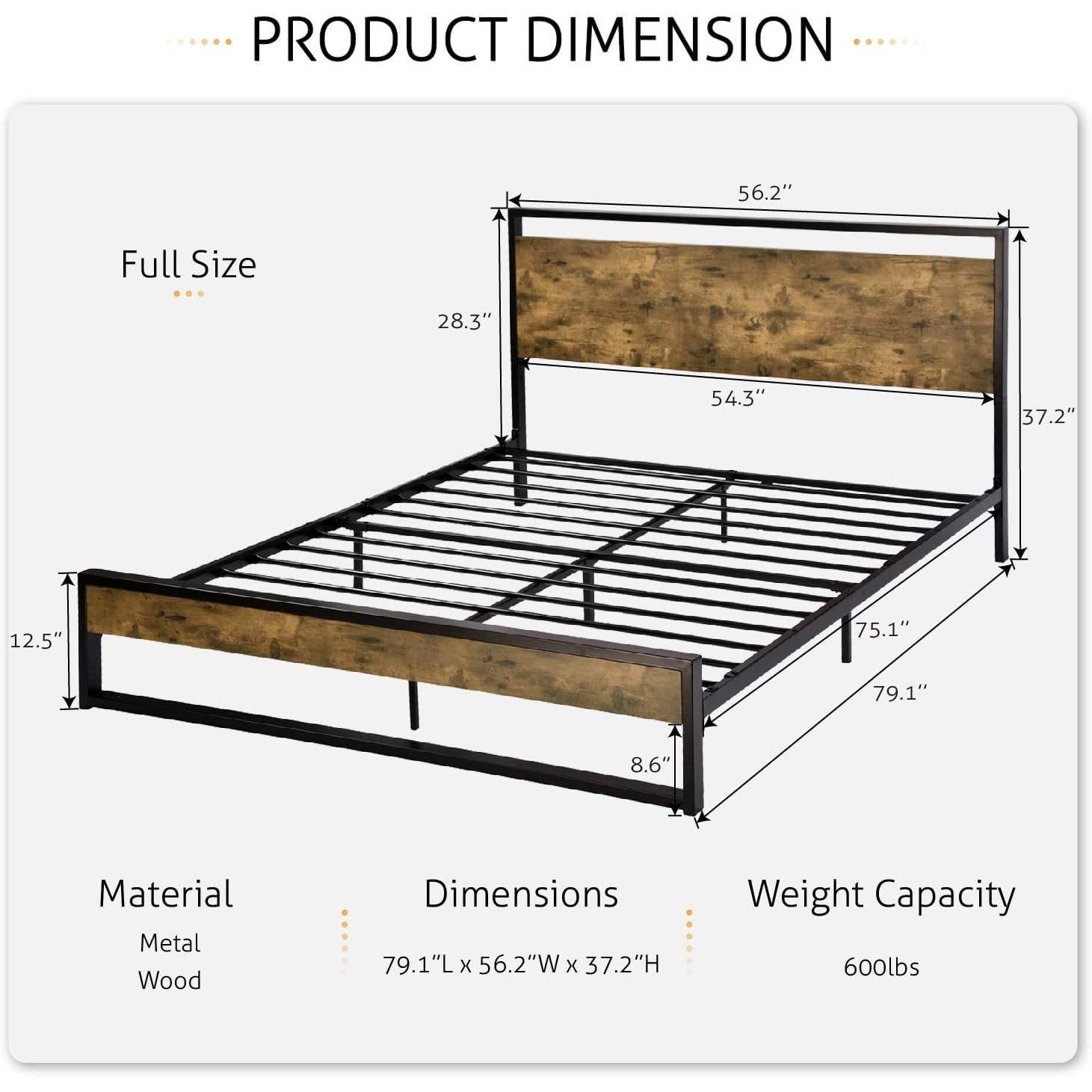 Full size Metal Wood Platform Bed Frame with Industrial Headboard - Loft&Timber