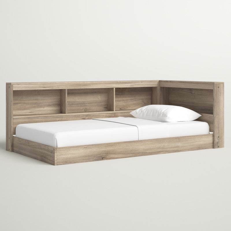 Full size Natural Wood Corner Storage Bed with Bookcase Headboard and USB Ports - Loft&Timber
