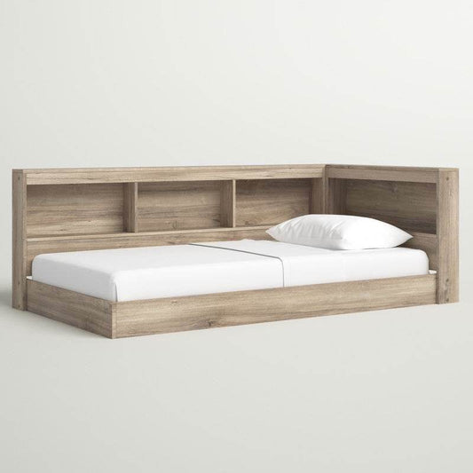 Full size Natural Wood Corner Storage Bed with Bookcase Headboard and USB Ports - Loft&Timber
