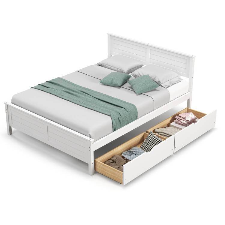 Full Size White Platform Bed Frame with 2 Storage Drawers - Loft&Timber