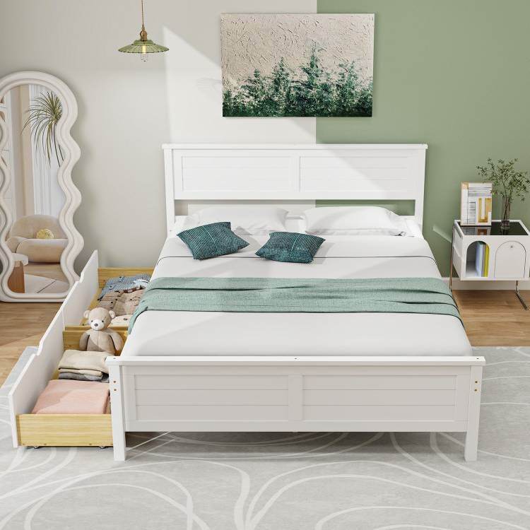 Full Size White Platform Bed Frame with 2 Storage Drawers - Loft&Timber