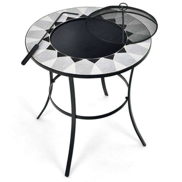 Portable Round Fire Pit Table with Mesh Cover and Fire Poker - Loft&Timber