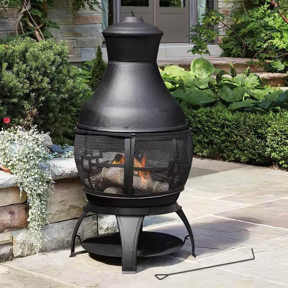 45-inch Black Cast Iron and Steel Outdoor Fire Pit Chimenea - Loft&Timber