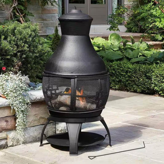45-inch Black Cast Iron and Steel Outdoor Fire Pit Chimenea - Loft&Timber