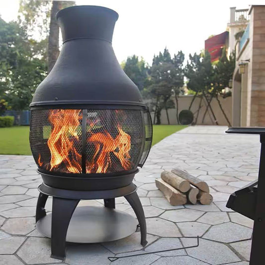 45-inch Black Cast Iron and Steel Outdoor Fire Pit Chimenea - Loft&Timber