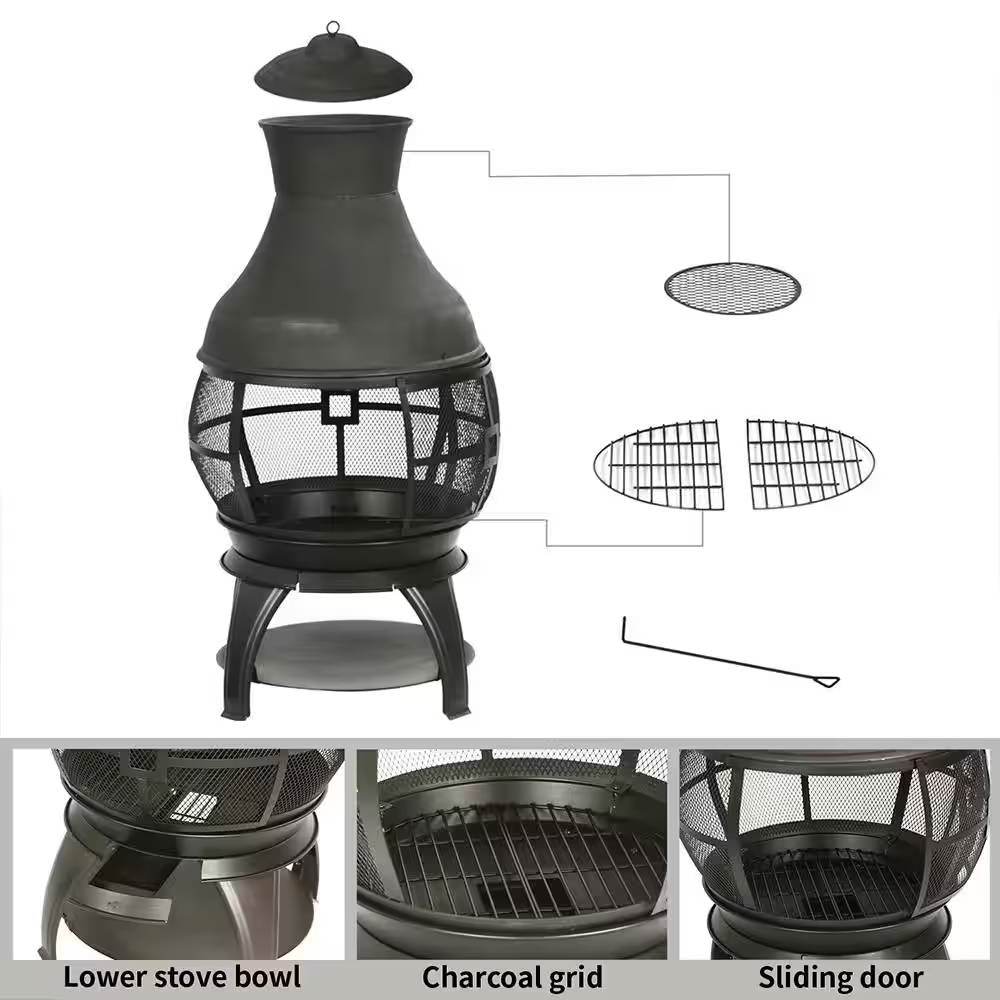 45-inch Black Cast Iron and Steel Outdoor Fire Pit Chimenea - Loft&Timber