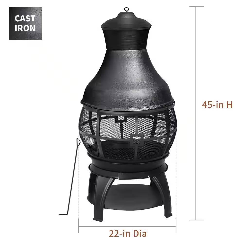 45-inch Black Cast Iron and Steel Outdoor Fire Pit Chimenea - Loft&Timber