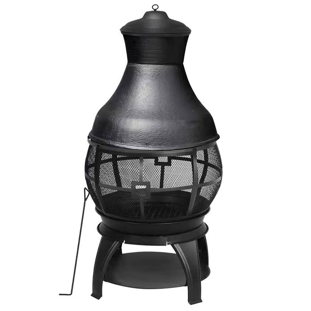 45-inch Black Cast Iron and Steel Outdoor Fire Pit Chimenea - Loft&Timber