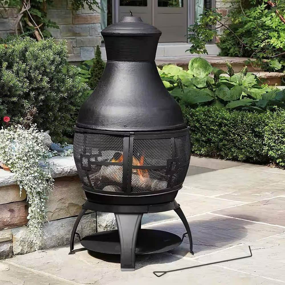 45-inch Black Cast Iron and Steel Outdoor Fire Pit Chimenea - Loft&Timber