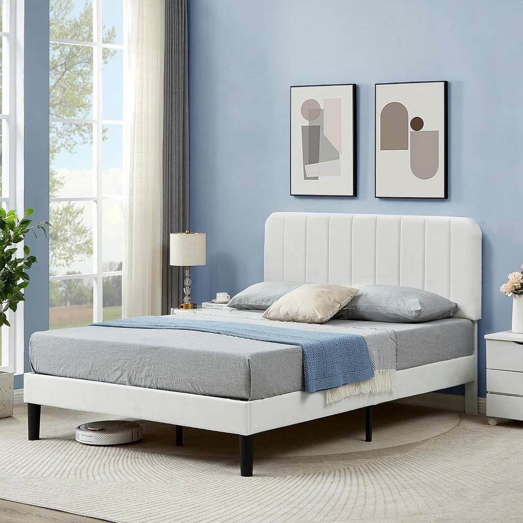 Full size White Upholstered Platform Bed Frame with Headboard - Loft&Timber