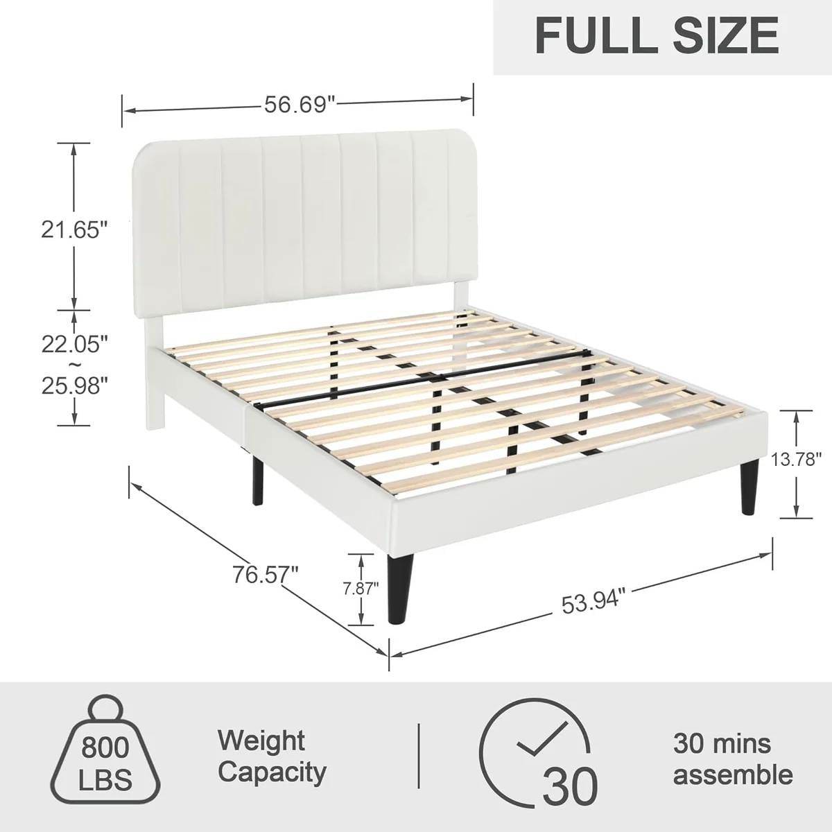 Full size White Upholstered Platform Bed Frame with Headboard - Loft&Timber