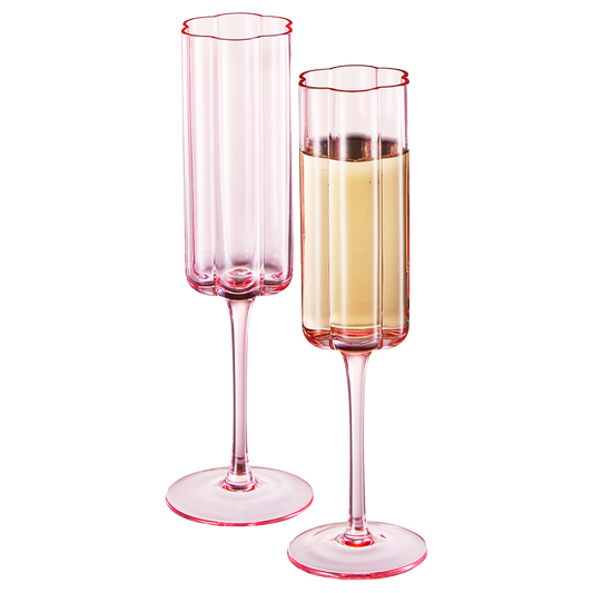 Flower Vintage Champagne Flute Glassware - Set of 2 - 7.4 oz Colorful Cocktail, Martini & Champagne Glasses, Prosecco, Mimosa Glasses Set, Cocktail Glass, Bar Glassware Luster Glasses 9" X 2" (Pink) - Loft&Timber