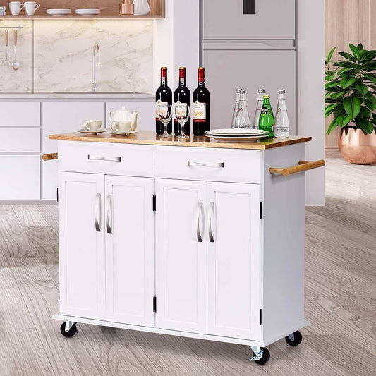 White Kitchen Cart Island with Wood Top 2 Drawers and Bottom Storage Cabinet - Loft&Timber