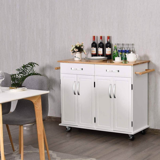 White Kitchen Cart Island with Wood Top 2 Drawers and Bottom Storage Cabinet - Loft&Timber