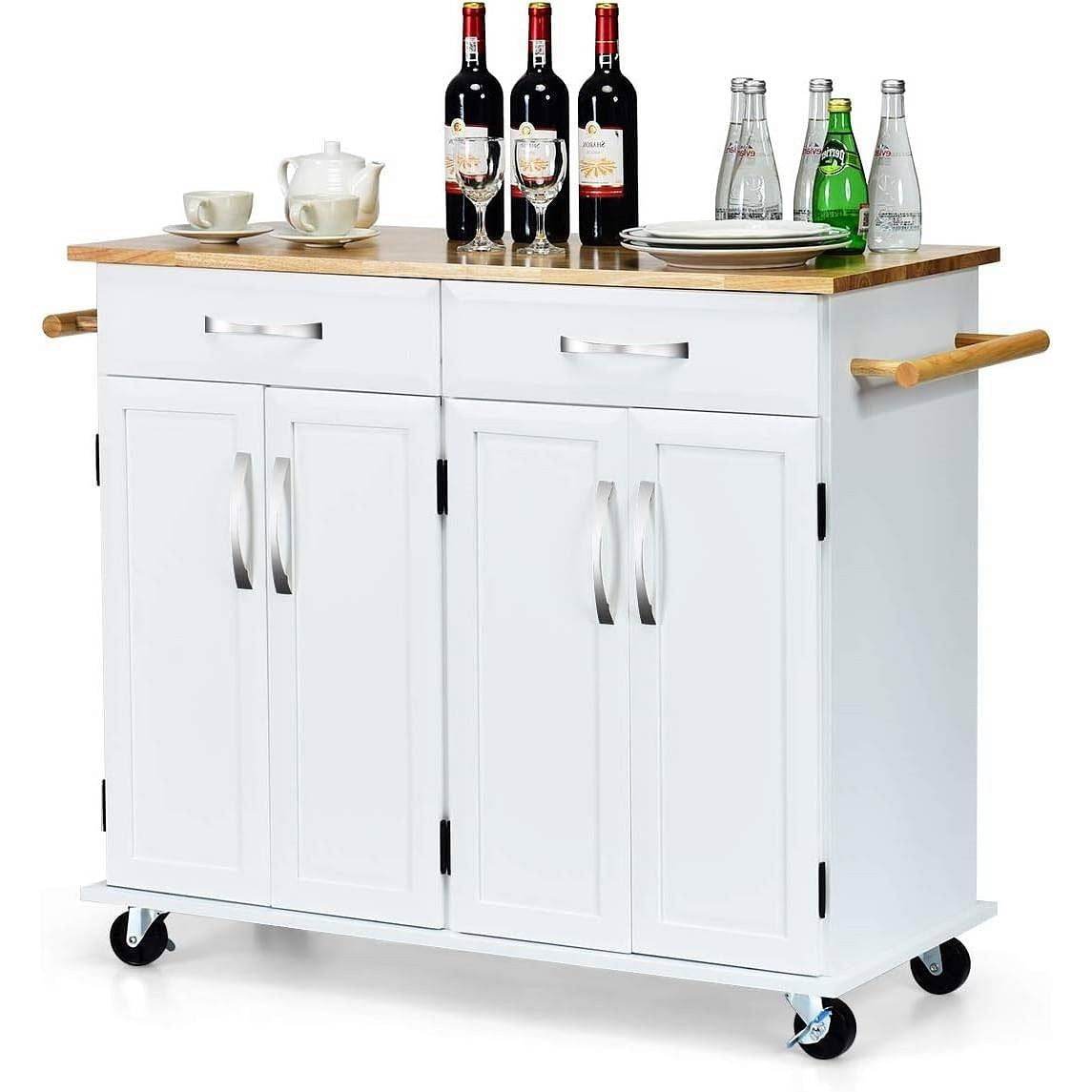 White Kitchen Cart Island with Wood Top 2 Drawers and Bottom Storage Cabinet - Loft&Timber