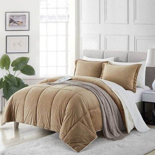 Queen Plush Microfiber Reversible Comforter Set in Gold - Loft&Timber
